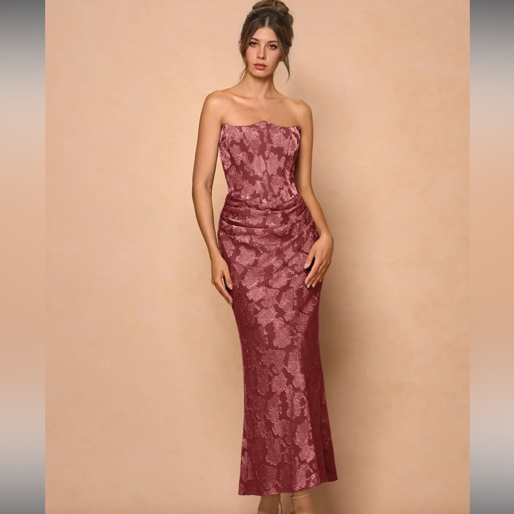Azazie Strapless Lace Gown in Dusty Rose